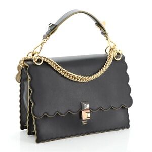 Authentic Fendi Vitello Liberty Scalloped Studded Kan I Shoulder Bag Black